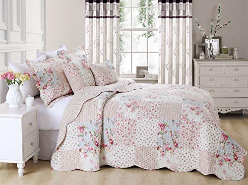 Delindo Lifestyle® Colcha de patchwork rosas en estilo rústico, colcha de cama en diseño de patchwork, multicolor, 220 x 240 cm