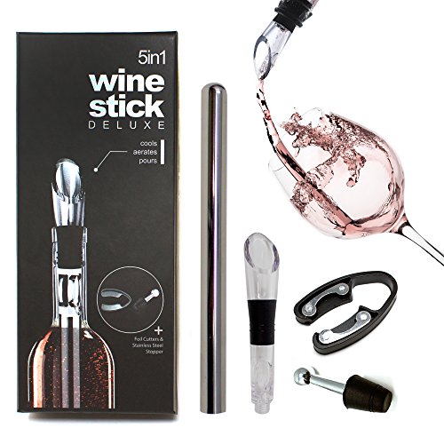 Deluxe 5 en 1 Enfriador, Vertedor y Aireador – Ideal para Enfriamiento de Vino - Utensilio Cortador de Aluminio y Bolsa de Almacenamiento - Accesorio Para Fiestas Eventos – Regalo para Navidad