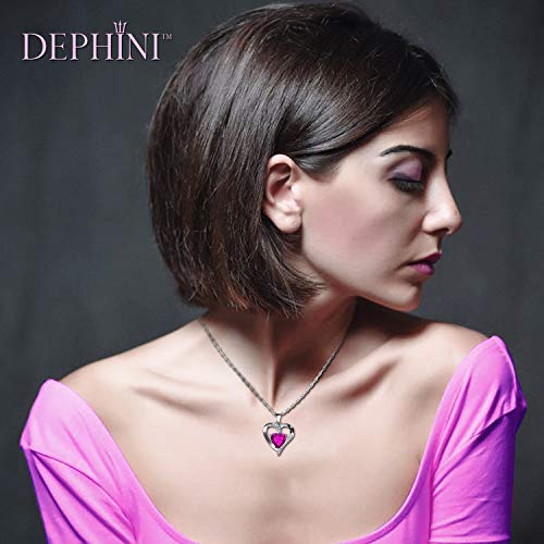 DEPHINI - Collar con colgante de corazón de plata de ley 925 con circonita blanca y piedra natal rosa adornada