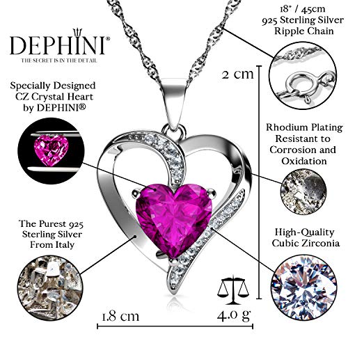 DEPHINI - Collar con colgante de corazón de plata de ley 925 con circonita blanca y piedra natal rosa adornada