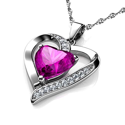 DEPHINI - Collar con colgante de corazón de plata de ley 925 con circonita blanca y piedra natal rosa adornada