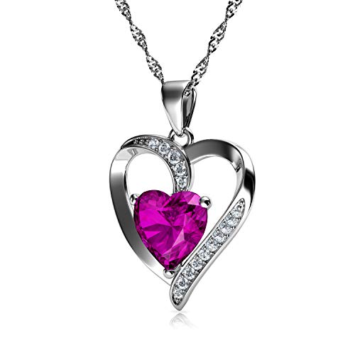 DEPHINI - Collar con colgante de corazón de plata de ley 925 con circonita blanca y piedra natal rosa adornada