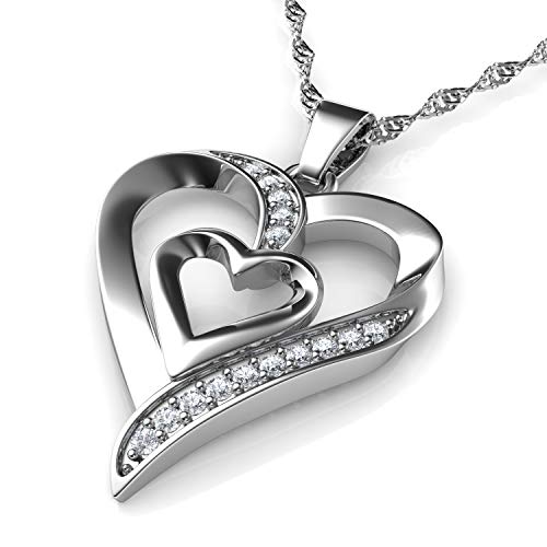 DEPHINI - Collar plata corazon - colgante corazon Plata de ley 925 con circón - colgantes mujer regalo mujer cumpleaños originales - regalo amor para mujer - cadena de plata con rodio de platino