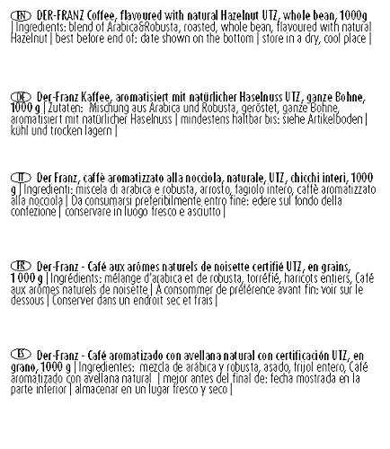 Der-Franz - Café mezcla de Arábica y Robusta, asado, frijoles enteros aromatizado con avellana natural con certificación UTZ, en grano, 1000 g