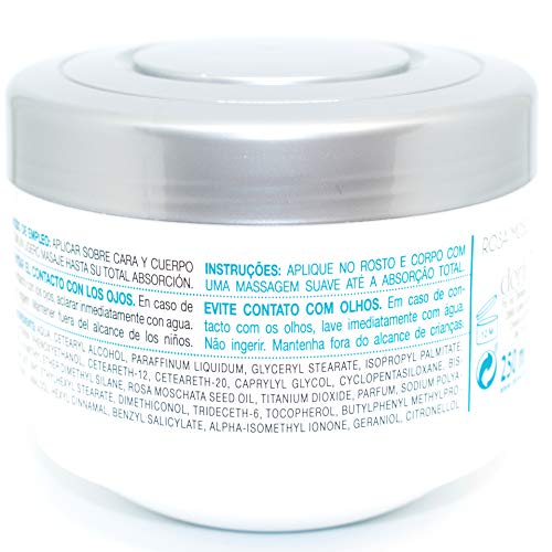 DERLUX - Crema hidratante facial y corporal de ROSA DE MOSQUETA con alto poder de hidratacion presentado en crema de 250 ml. de capacidad
