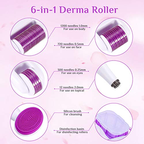 Dermaroller, Winpok 6 en 1 Derma Roller, Derma roller, Ideal para tratar cara, Anti-Edad, Antiarrugas, rodillo facial titanio, por Ojos, Cara, Cuerpo (morado)