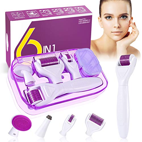 Dermaroller, Winpok 6 en 1 Derma Roller, Derma roller, Ideal para tratar cara, Anti-Edad, Antiarrugas, rodillo facial titanio, por Ojos, Cara, Cuerpo (morado)