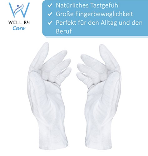 Dermatest: Excelente - Well B4® Care Guantes de algodón blanco, guantes de hilo hechos de 100% algodón para su protección cuando tenga la piel seca, 3 pares, guantes blancos, M