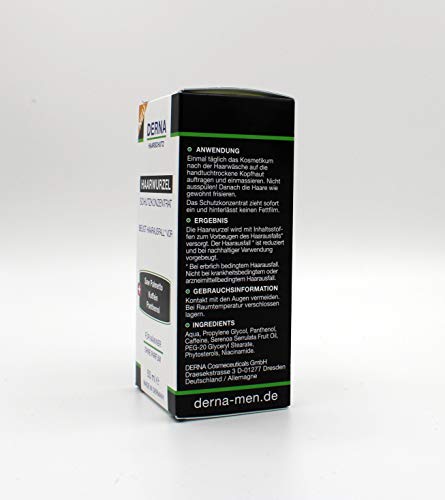 Derna Haarwurzel – Concentrado de protección – 50 ml – con bloqueador de DHT (Saw Palmetto) + cafeína + pantenol – para la protección contra la caída del cabello (hereditario)