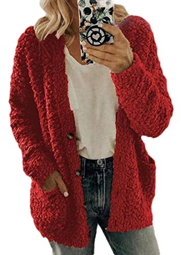 Desconocido Suéter Largo de Corte Regular con Frente Abierto y cómodo para Mujer, Suave, de Gran tamaño, Tejido de Palomitas de maíz, para Usar en el Exterior Rojo Rosso XS