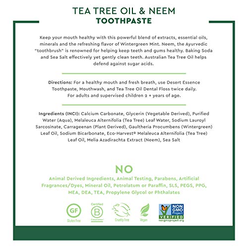 Desert Essence 654228 Natural Tea Tree Oil And Neem pasta dental Wintergreen 6.25 Oz