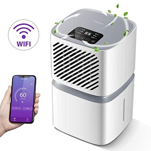 Deshumidificador iTvanila 12L por día para uso doméstico con control WiFi, pantalla LED con apagado automático, secado de la ropa, flujo continuo con manguera, color blanco