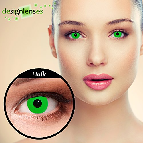Designlenses, Dos lentillas de colores verde totalmente para Halloween costume lentes de tres meses sin dioprtías/corregir + gratis caso de lente „Hulk"