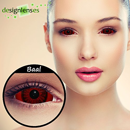 Designlenses, Dos Sclera lentillas de color rojo para Halloween 22mm demonio lentillas de seis meses sin dioprtías/corregir + gratis caso de lente „Baal"
