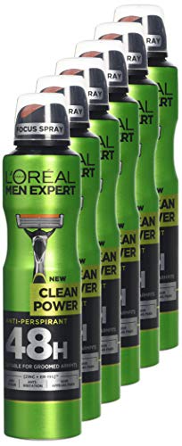 Desodorante antitranspirante L'Oreal Men Expert Clean Power 48 horas, 250 ml, paquete de 6