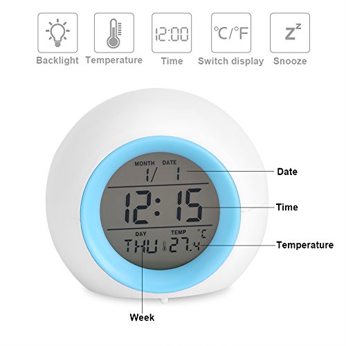 Despertador Digital, Reloj Alarma con Luz de Colores Múltiples y Sonidos de la Naturaleza, Pantalla LED con Presentación de Hora, Fecha, Temperatura, Función Snooze