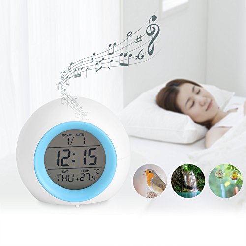 Despertador Digital, Reloj Alarma con Luz de Colores Múltiples y Sonidos de la Naturaleza, Pantalla LED con Presentación de Hora, Fecha, Temperatura, Función Snooze