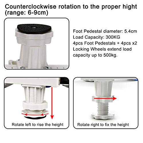 Dewel Base Lavadora,Base Ajustable de 45 cm-69 cm con 4 Ruedas Giratorias y 4 Pies de Goma Soporte para Lavadora, Secadora y Refrigerador