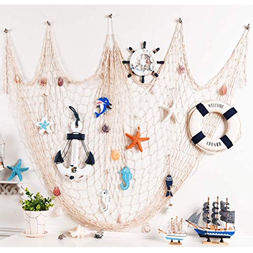 DEWEL Red Marinera Decorativa con Concha Estilo del Mediterránea Decoración de Pared Cosido a Mano 200 * 150 cm (Blanco)