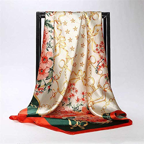 DFGSDFB China Bufanda de Seda para Las Mujeres Primavera Verano Diseño de Cadena de Peonía Bufandas Cuadradas Grandes Wraps Moda Cabeza Pañuelos 90 X 90 CM Verde