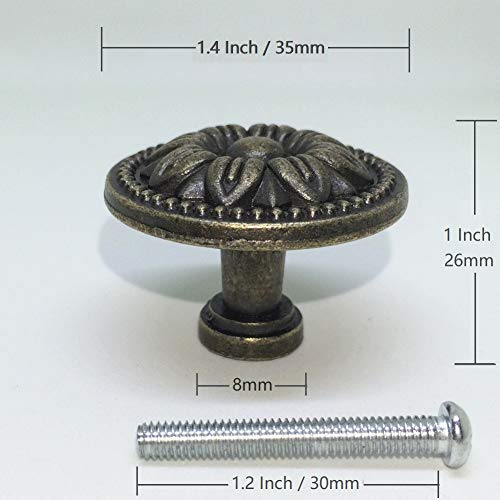 DFHM 10 Pomos y Tiradores Vintage Bronce de Armario con Diseño de Flores de Zinc Pomo Antiguos de 35 mm para Cajones y Puertas de Cocina Armario