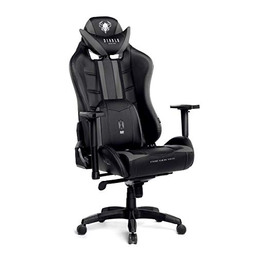 Diablo X-Ray Gaming Silla de Oficina Silla Gamer Apoyabrazos 2D Diseño Ergonomico HQ Cuero Sintético Perforación Función de Inclinación Soporta hasta 200 kg (Negro-Gris, XL)
