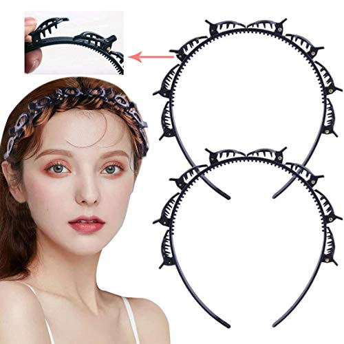 Diadema con clip, diadema trenzada coreana, diadema trenzada con 8 pequeños clips, doble flequillo peinado, fácil de usar para accesorios de pelo y herramientas de peluquería (un juego de 2)