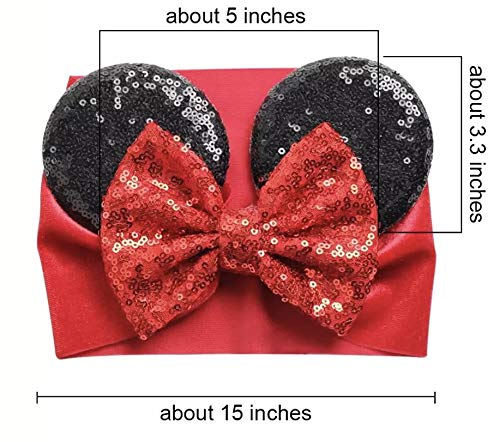 Diadema con orejas de Minnie Mouse con lazo para niña - Terciopelo rojo y negro y lentejuelas - para disfraz de cumpleaños Disney Trip
