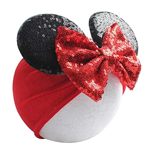 Diadema con orejas de Minnie Mouse con lazo para niña - Terciopelo rojo y negro y lentejuelas - para disfraz de cumpleaños Disney Trip