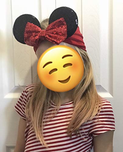 Diadema con orejas de Minnie Mouse con lazo para niña - Terciopelo rojo y negro y lentejuelas - para disfraz de cumpleaños Disney Trip