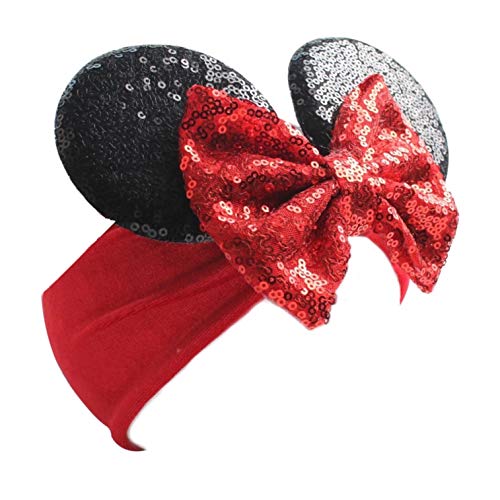 Diadema con orejas de Minnie Mouse con lazo para niña - Terciopelo rojo y negro y lentejuelas - para disfraz de cumpleaños Disney Trip