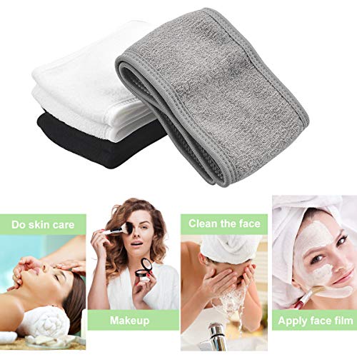 Diadema para Maquillaje Pelo Banda, Diadema Facial de Spa Yoga Pelo Banda con Velcro para Maquillaje, Bañarse, Yoga Deportes con Cinta Mágica, 3 Unidades (Negro, Blanco, Gris)