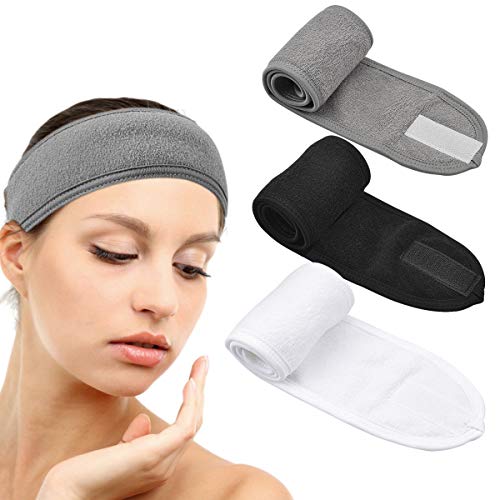Diadema para Maquillaje Pelo Banda, Diadema Facial de Spa Yoga Pelo Banda con Velcro para Maquillaje, Bañarse, Yoga Deportes con Cinta Mágica, 3 Unidades (Negro, Blanco, Gris)