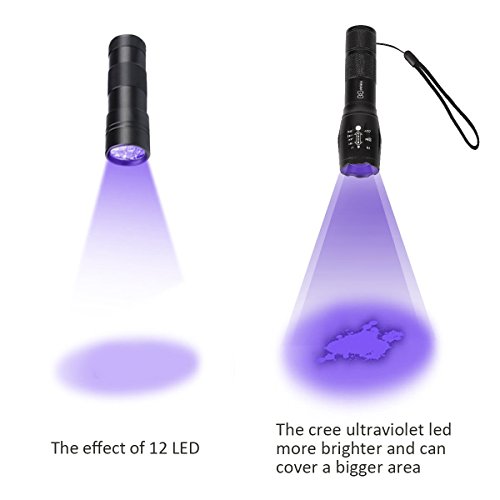 Didisky Linterna Ultravioleta Led, Brillo Alto 3 Modos UV Luz Lámpara, Detectar manchas de orina de mascotas,Buscador de Chinches,Perro/Gato Quitamanchas, Luz negra 395nm (Baterías no incluidas)