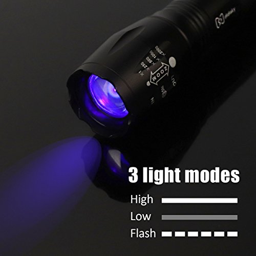 Didisky Linterna Ultravioleta Led, Brillo Alto 3 Modos UV Luz Lámpara, Detectar manchas de orina de mascotas,Buscador de Chinches,Perro/Gato Quitamanchas, Luz negra 395nm (Baterías no incluidas)