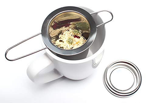 Dido´s Pack de 2 Infusores de Té en Acero Inoxidable Colador Filtro con Tapa y Asa para Tazas de Té Café Té a Granel Hojas Sueltas, con Bandejas de Goteo y Cuchara