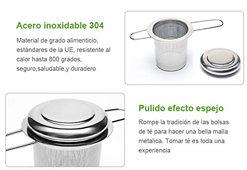 Dido´s Pack de 2 Infusores de Té en Acero Inoxidable Colador Filtro con Tapa y Asa para Tazas de Té Café Té a Granel Hojas Sueltas, con Bandejas de Goteo y Cuchara