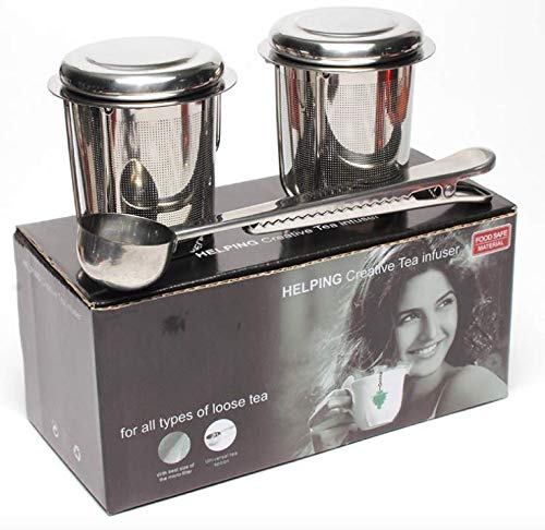 Dido´s Pack de 2 Infusores de Té en Acero Inoxidable Colador Filtro con Tapa y Asa para Tazas de Té Café Té a Granel Hojas Sueltas, con Bandejas de Goteo y Cuchara