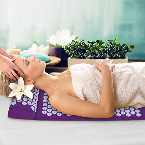 Diealles Shine Pranamat Eco Set, Esterilla Acupresión Kit de Masaje con Cojín y Esterilla de Masaje para Alivia dolores de Espalda y Cuello, Violado