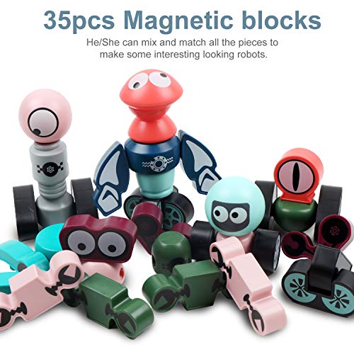 DigHealth 35 Piezas Bloques Magneticos, Juguetes Robot Magnéticos con Caja de Almacenamiento, Juguetes Bloques de Construcción Educativos para Niños Niñas de 2 3 4 5 6 7 8 Años