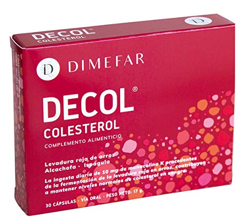 DIMEFAR - Decol - Complemento Alimenticio Natural para Colesterol - Levadura Roja de Arroz + Alcachofa + Ispágula, 30 Cápsulas | Complemento Alimenticio Contra Colesterol | Regula Colesterol