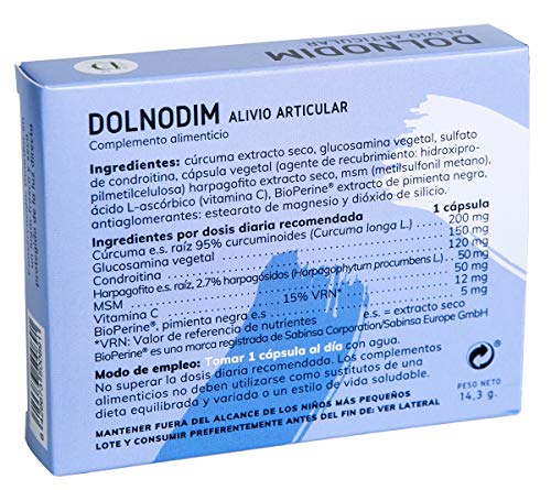 DIMEFAR - Dolnodim - Dolor + Inflamación Articular - Cúrcuma + Glucosamina Vegetal + Condroitina + Harpagofito + MSM + Vitamina C + Pimienta Negra (BioPerine®), 20 Cápsulas | Anti-inflamatorio