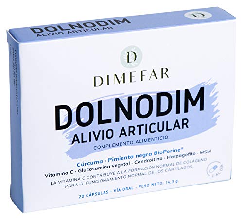 DIMEFAR - Dolnodim - Dolor + Inflamación Articular - Cúrcuma + Glucosamina Vegetal + Condroitina + Harpagofito + MSM + Vitamina C + Pimienta Negra (BioPerine®), 20 Cápsulas | Anti-inflamatorio