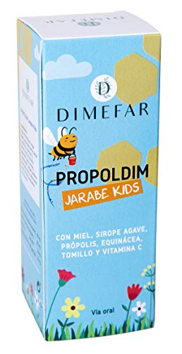 DIMEFAR - Propoldim Kids - Defensas Naturales Niños - Própolis + Equinácea+ Tomillo + Vitamina C + Miel + Sirope Agave, Sabor a Fresa, 150ml | Jarabe Defensas Niños Natural