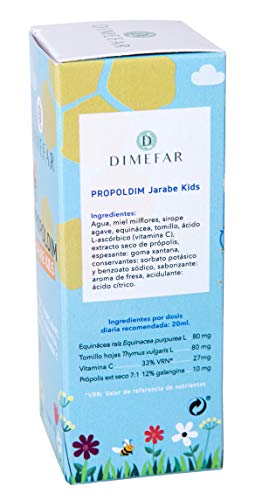 DIMEFAR - Propoldim Kids - Defensas Naturales Niños - Própolis + Equinácea+ Tomillo + Vitamina C + Miel + Sirope Agave, Sabor a Fresa, 150ml | Jarabe Defensas Niños Natural