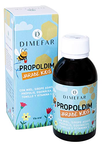 DIMEFAR - Propoldim Kids - Defensas Naturales Niños - Própolis + Equinácea+ Tomillo + Vitamina C + Miel + Sirope Agave, Sabor a Fresa, 150ml | Jarabe Defensas Niños Natural