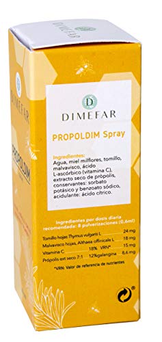 DIMEFAR - Propoldim Spray - Defensas + Protección Garganta - Própolis + Tomillo + Malvavisco + Vitamina C + Miel, 30ml | Spray Dolor Picor Garganta