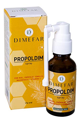 DIMEFAR - Propoldim Spray - Defensas + Protección Garganta - Própolis + Tomillo + Malvavisco + Vitamina C + Miel, 30ml | Spray Dolor Picor Garganta