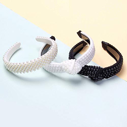 Diseño de la Perla Hairband de Las Mujeres Blancas Acolchado Corona Venda de Las Muchachas de la Cruz Headwear del Tocado de Pelo de la Boda Accesorios-Amarillento (Color : Black)