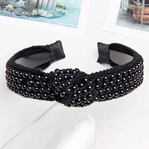 Diseño de la Perla Hairband de Las Mujeres Blancas Acolchado Corona Venda de Las Muchachas de la Cruz Headwear del Tocado de Pelo de la Boda Accesorios-Amarillento (Color : Black)